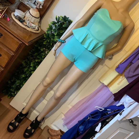 Turquoise strapless bustier leather peplum shorts romper playsuit jumpsuit S - Picture 10 of 15